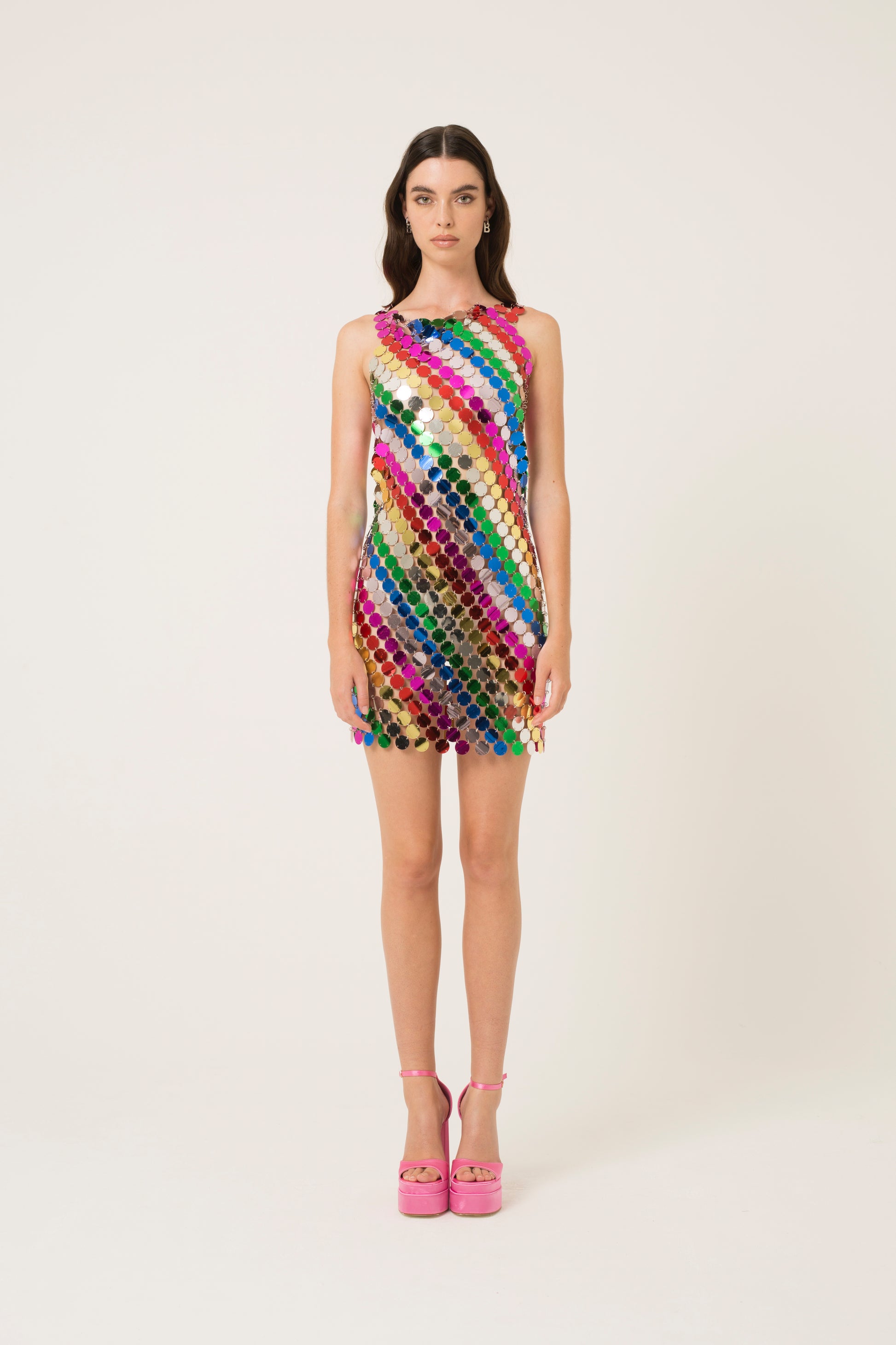rainbow disc sequin dress A-Line Mini Chainmail Disco Rainbow Disc Sequin Dress Victray
